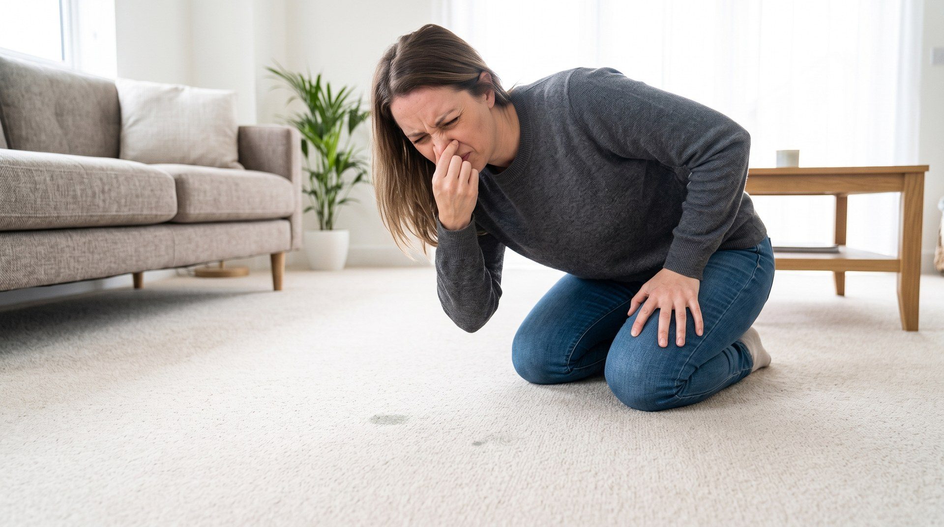 Woman holding her nose while kneeling on a carpet that smells like mildew