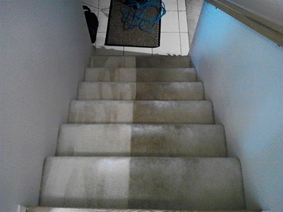 Carpeted stairs half cleaned, showing the difference a deep clean makes